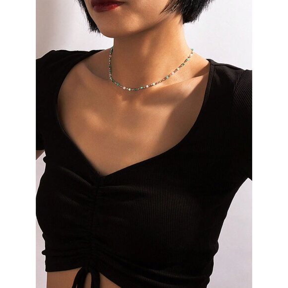 Emerald Green Crystal Stone Bead Chain Choker Adjustable Necklace Goldtone 16" - Picture 3 of 8